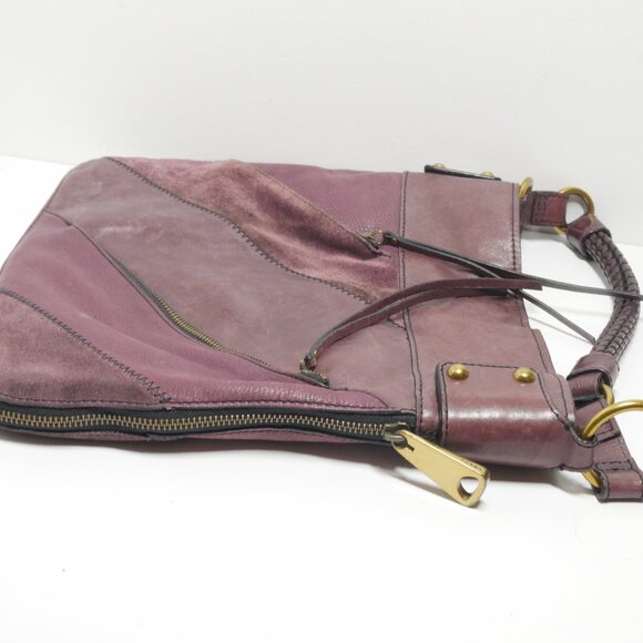 Leather Suede Fossil Fifty Four Shoulder Bag Patchwork Purse Side Zipper Plum - Picture 11 of 12